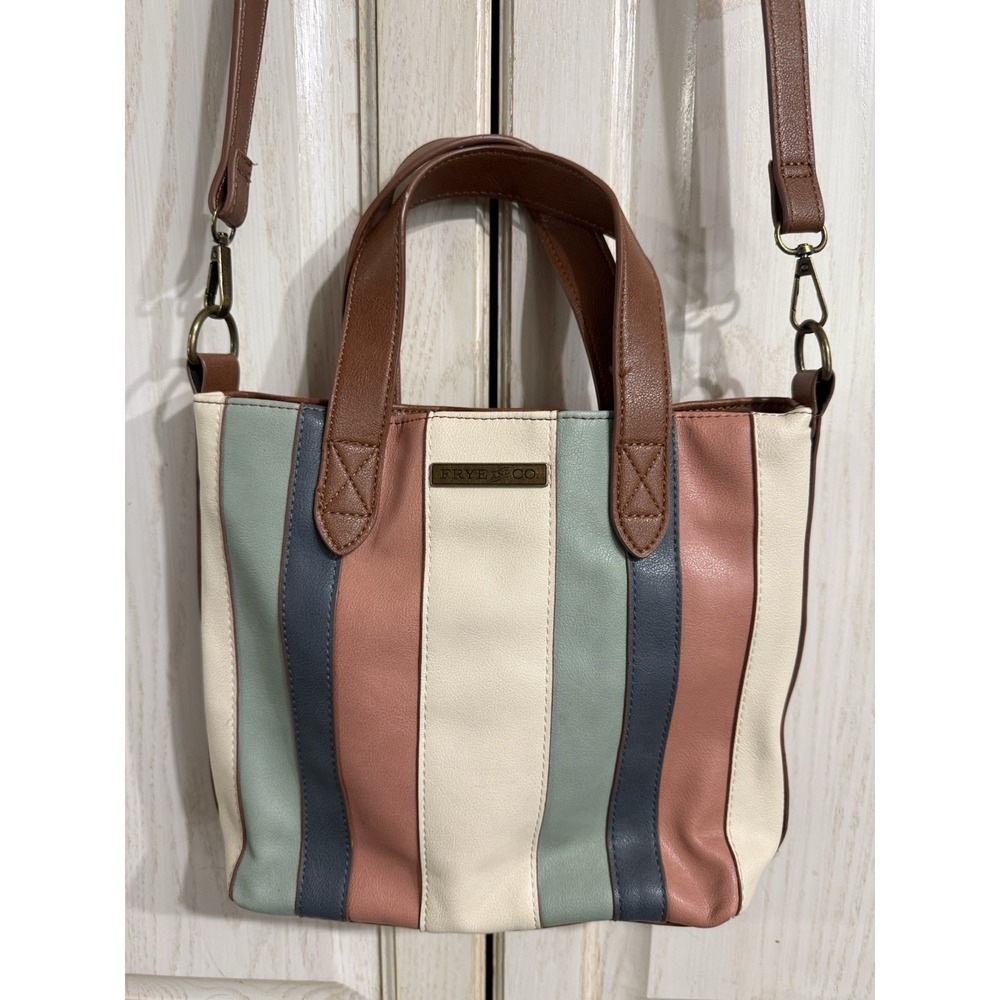 Frye & Co Pink Brown Teal Stripe Mini Shopper Tote Bag Purse Top Handle Shoulder